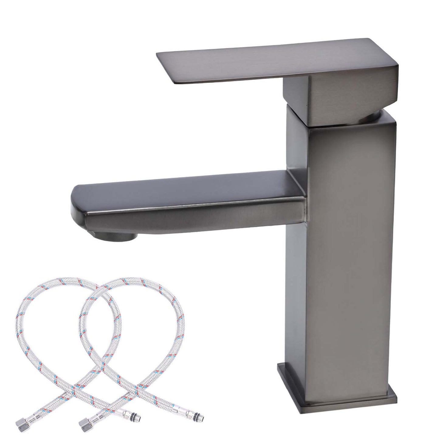 Stainless steel faucet with flexible hose on a white background