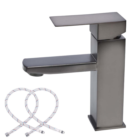 Stainless steel faucet with flexible hose on a white background