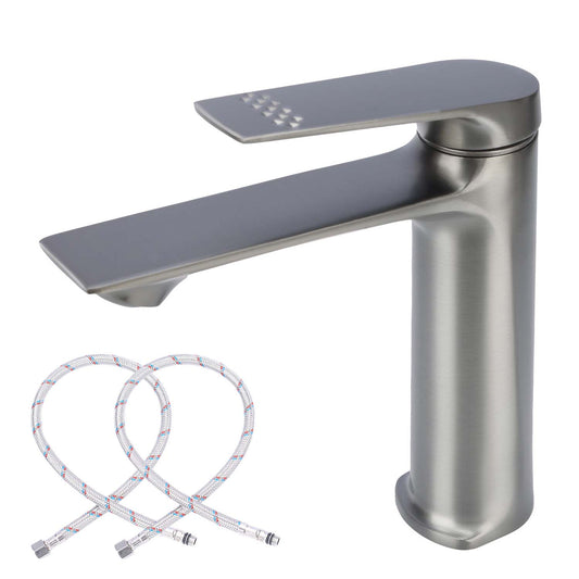 Stainless steel faucet with flexible hose on a white background