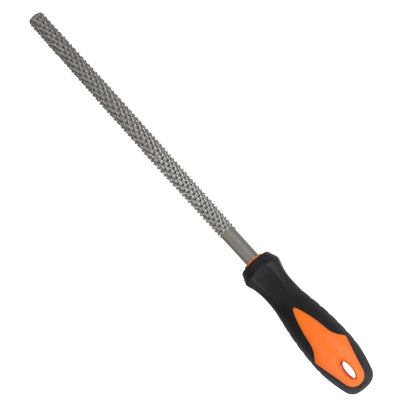 Metal file with black and orange handle on a white background