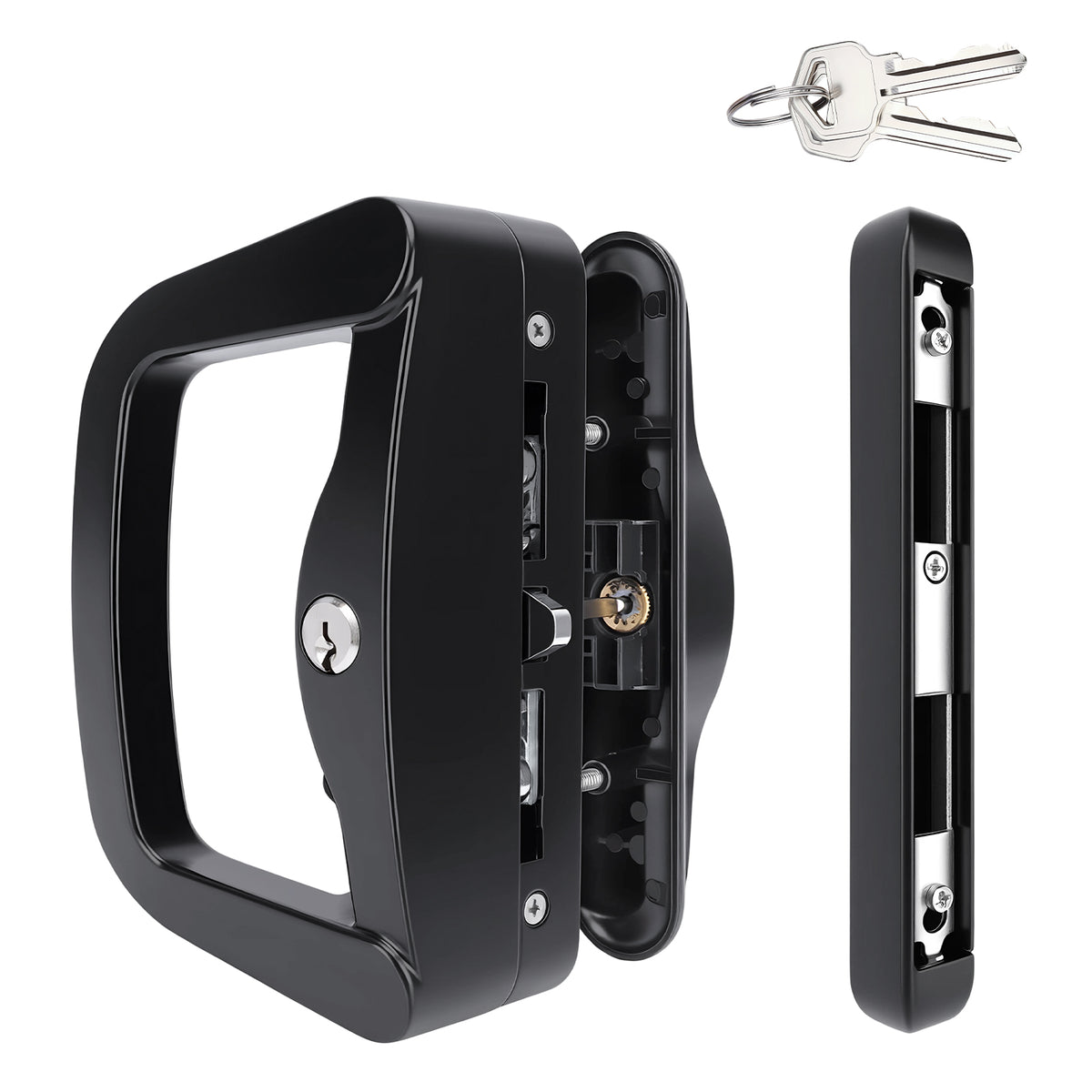 Black metal door handle lockset shown from multiple angles on a white background, including the handle frame, side profile, and two keys.
