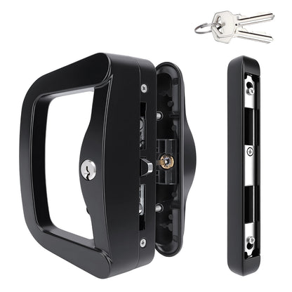 Black metal door handle lockset shown from multiple angles on a white background, including the handle frame, side profile, and two keys.