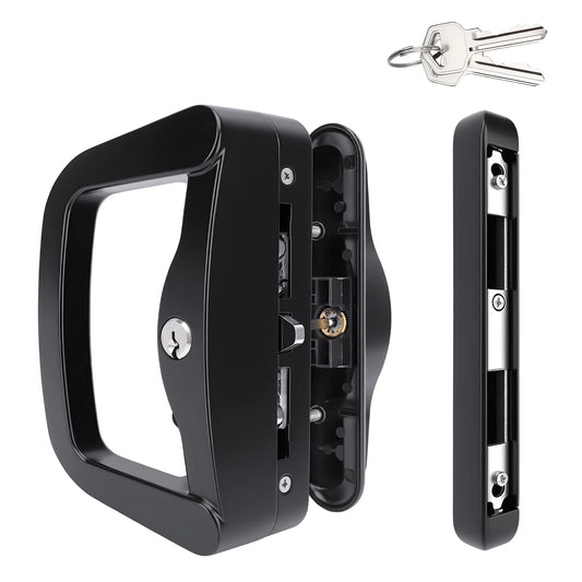Black metal door handle lockset shown from multiple angles on a white background, including the handle frame, side profile, and two keys.