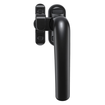 A modern matte black window handle with a matching lockset, shown from a side profile view against a solid white background.