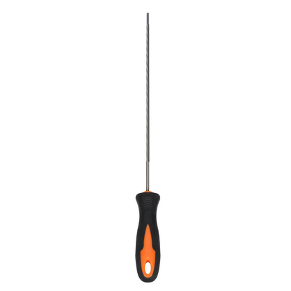 Screwdriver with black and orange handle on a white background
