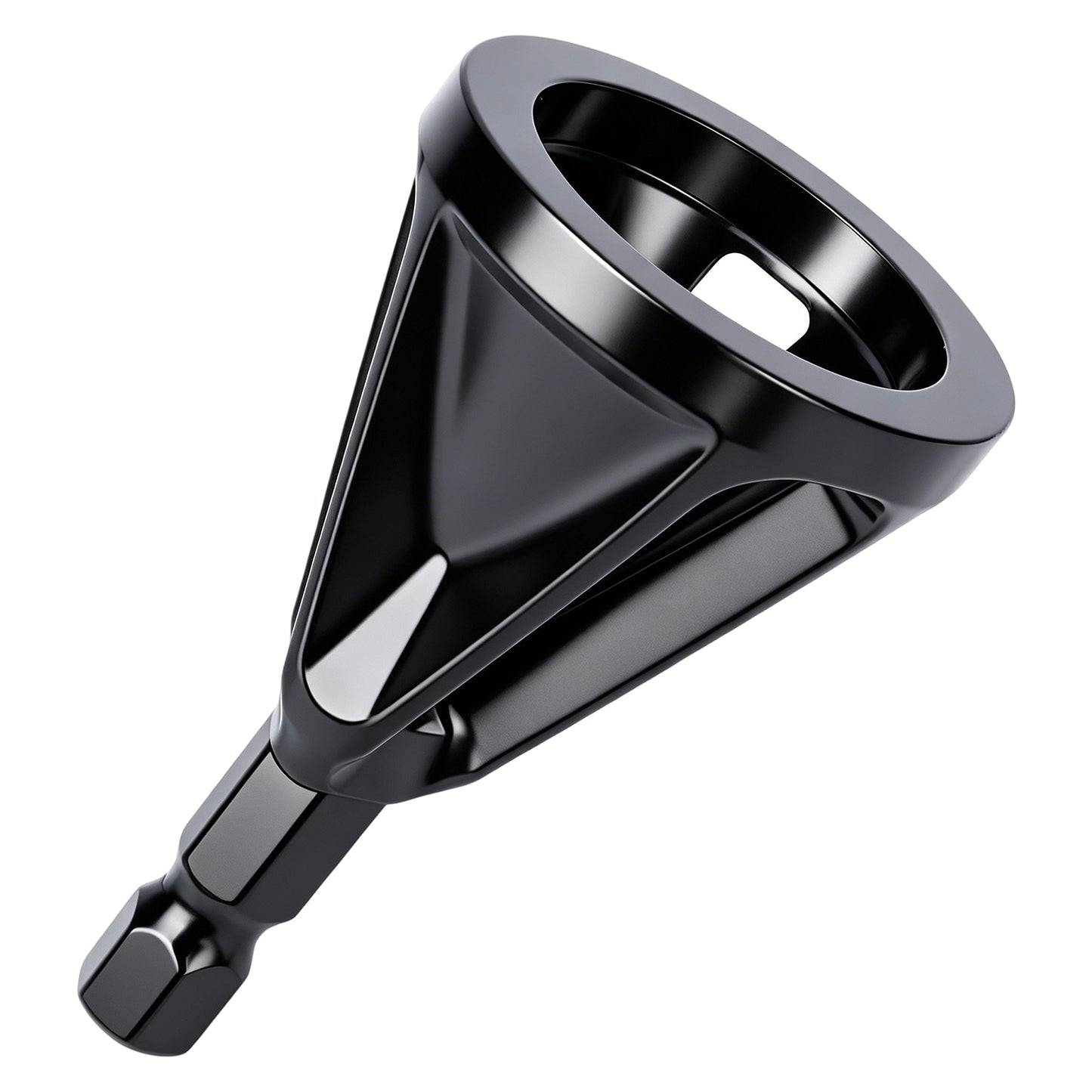 A glossy black metal funnel with a hexagonal socket attachment, shown on a plain white background.