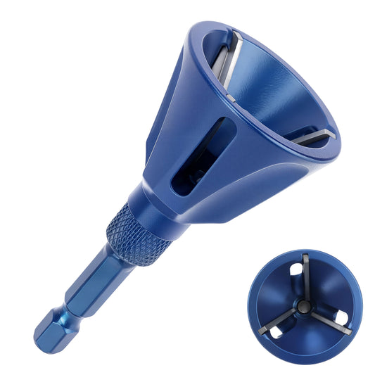 A blue metal funnel with a hex drive socket on the stem and a small inset showing the interior three-spoke design, photographed on a clean white background.