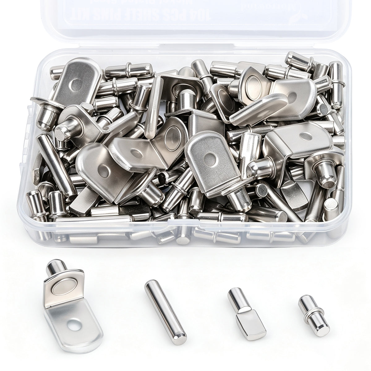 A clear plastic storage box filled with small silver metal hardware pieces, including flat washers, pins, and cylindrical fasteners, shown on a white background with four loose pieces displayed in front.