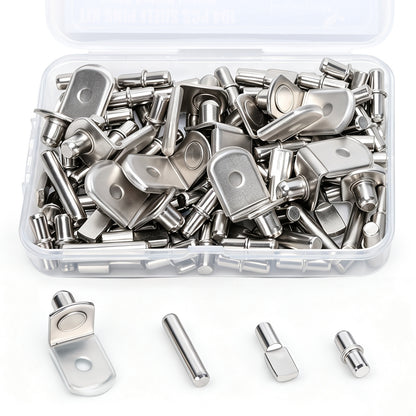 A clear plastic storage box filled with small silver metal hardware pieces, including flat washers, pins, and cylindrical fasteners, shown on a white background with four loose pieces displayed in front.