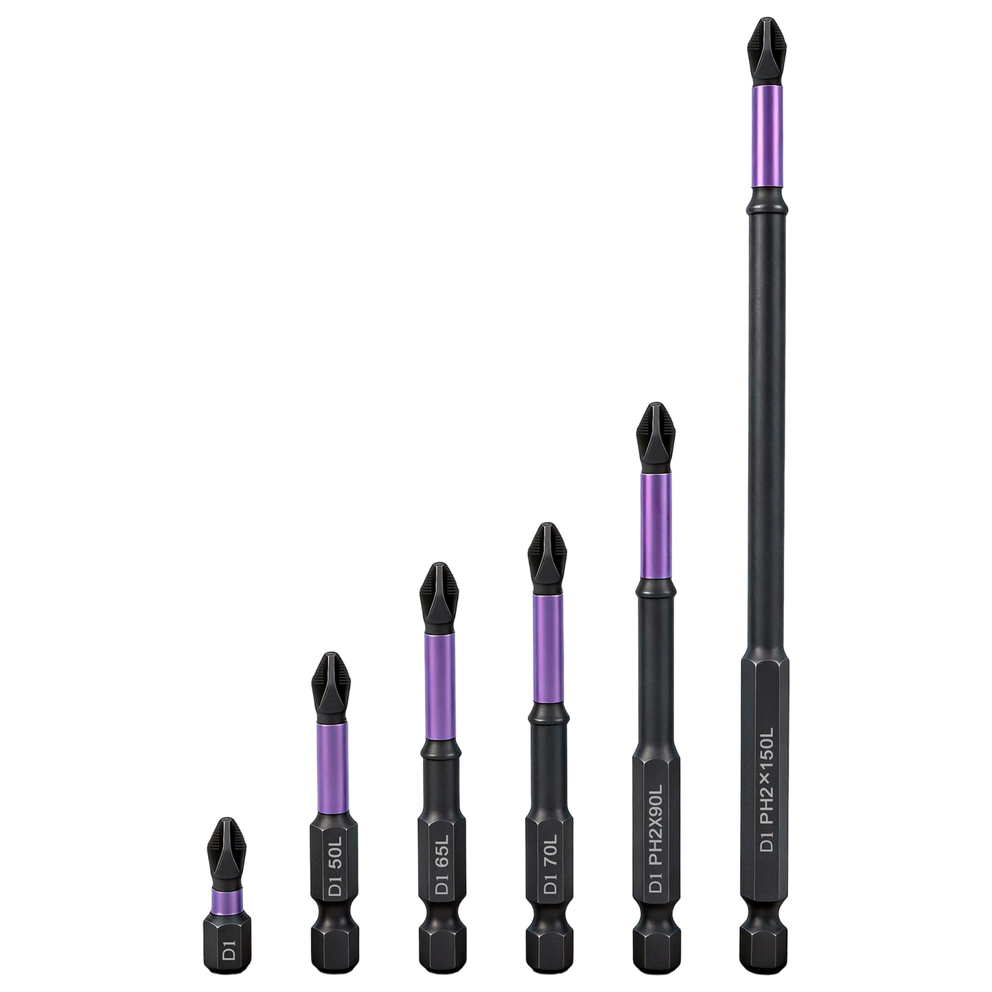 D1 Impact PH2 Screwdriver Bits Set, 6-Piece, 25-150mm, Magnetic Cross Head, for Drill/Driver