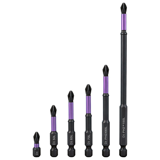 D1 Impact PH2 Screwdriver Bits Set, 6-Piece, 25-150mm, Magnetic Cross Head, for Drill/Driver