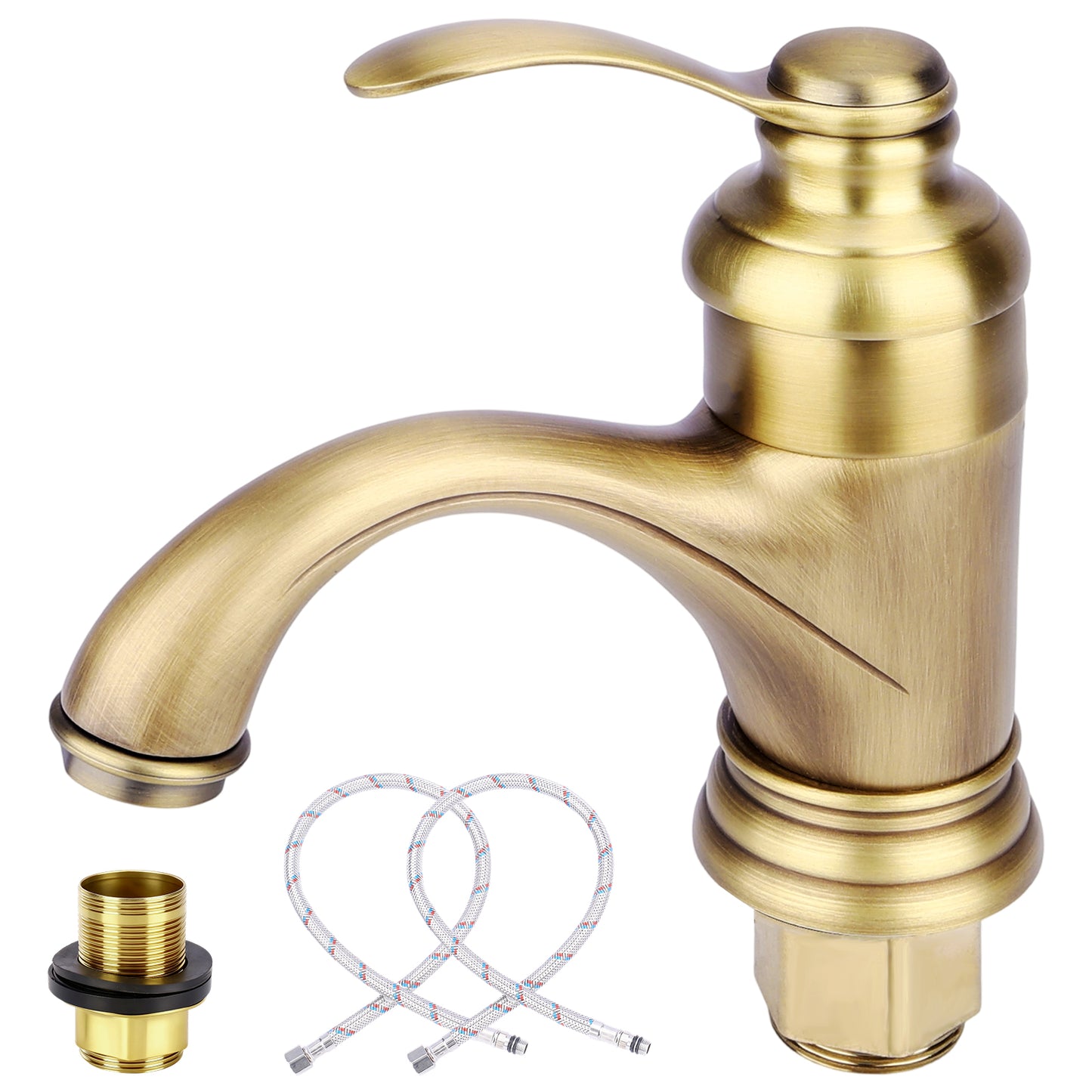 Gold faucet with supply lines and drain plug on a white background