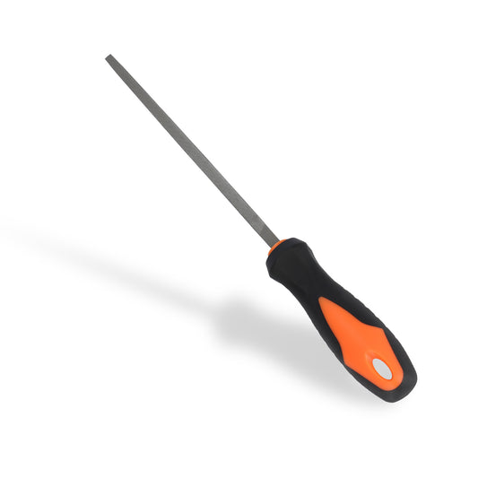 Screwdriver with orange and black handle on a white background