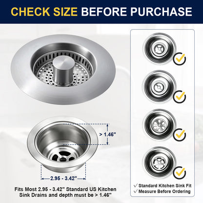 Stainless steel kitchen sink drain shown with size measurement callouts and a fit guide. The image includes a large front view of the drain, a top-down view with dimensions, and a vertical checklist on the right indicating standard kitchen sink fit with checkmarks.