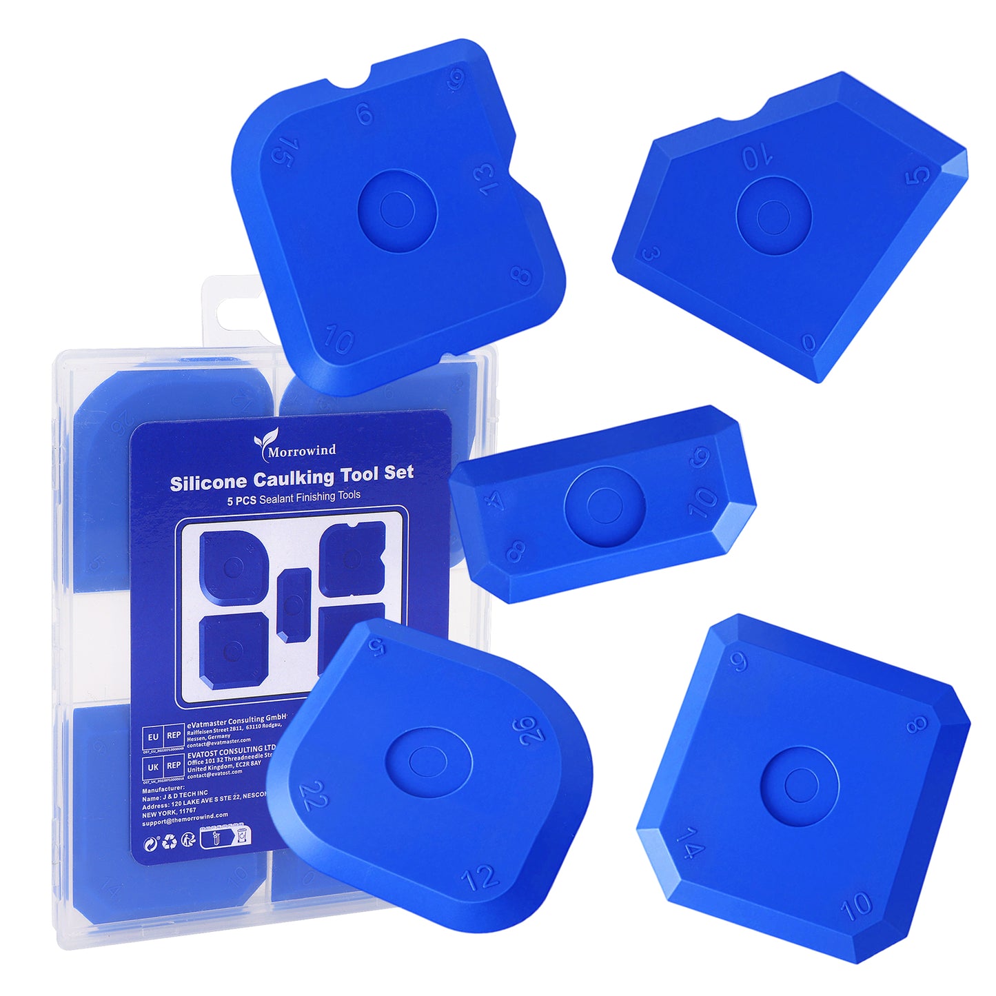 Blue silicone caulking tool set with multi-angle edges, 5-piece sealant finishing tools for precise sealing in bathroom, kitchen, and tile joints