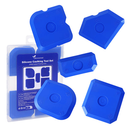 Blue silicone caulking tool set with multi-angle edges, 5-piece sealant finishing tools for precise sealing in bathroom, kitchen, and tile joints