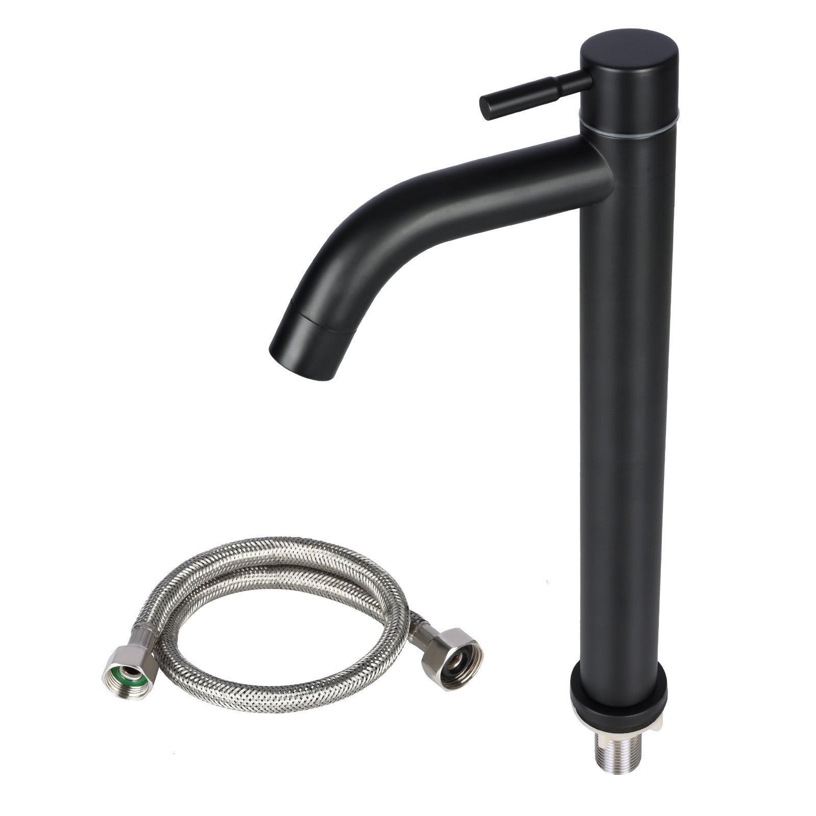 Black faucet with flexible hose on a white background