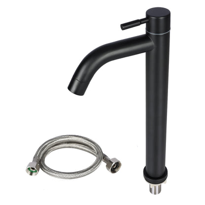 Black faucet with flexible hose on a white background