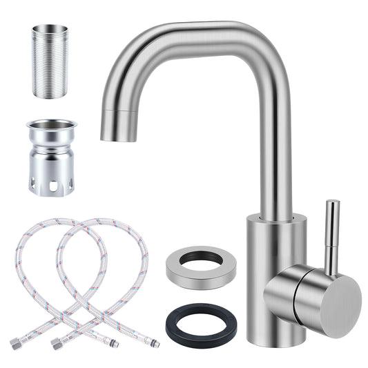Stainless steel high arc kitchen faucet with single handle, hot and cold water, removable aerator, 3/8 inch hoses, single hole sink installation