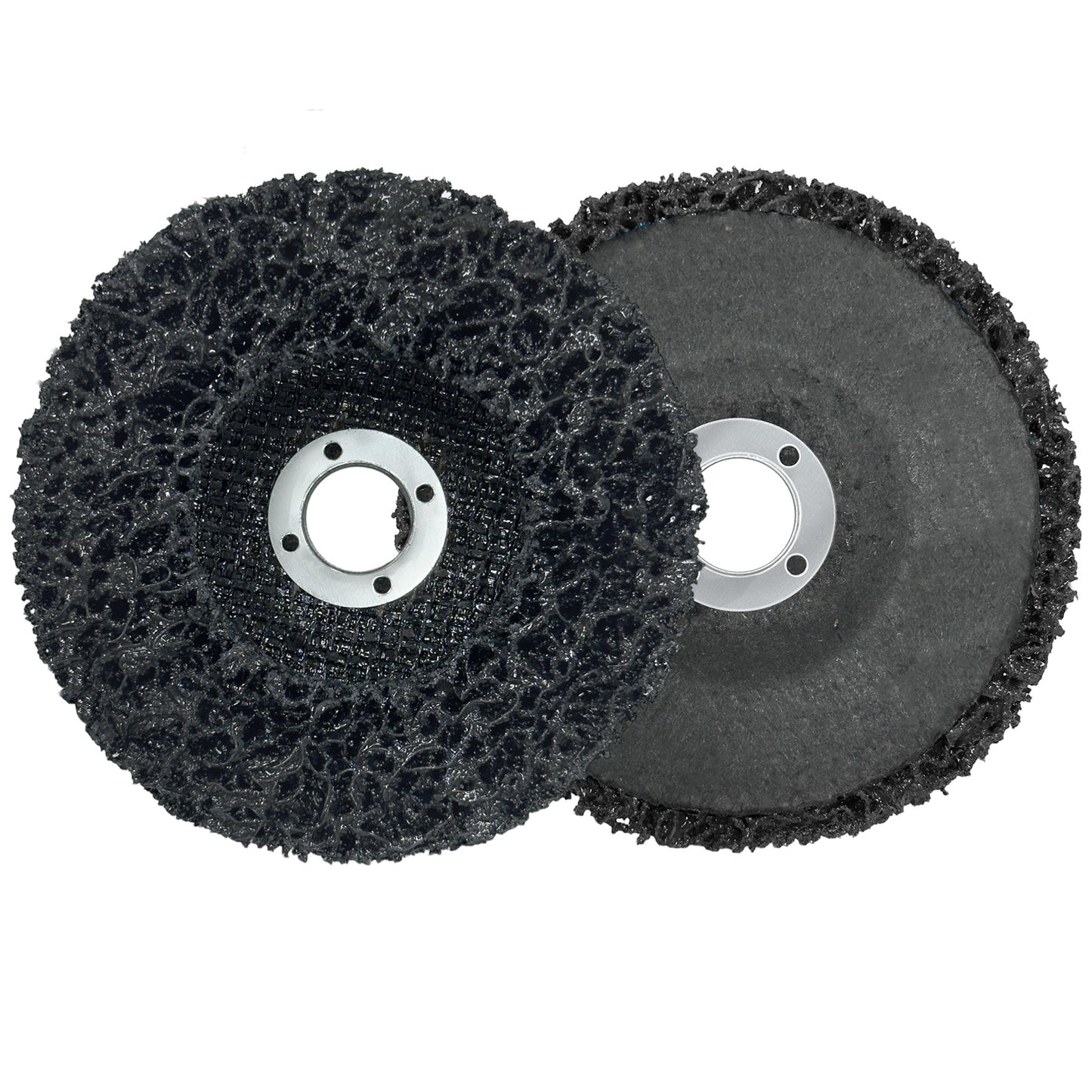 Two black abrasive wheels with metal centers on a white background