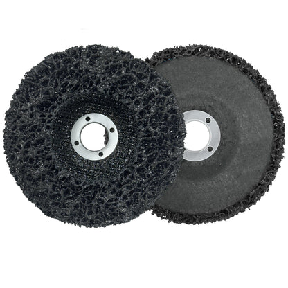 Two black abrasive wheels with metal centers on a white background