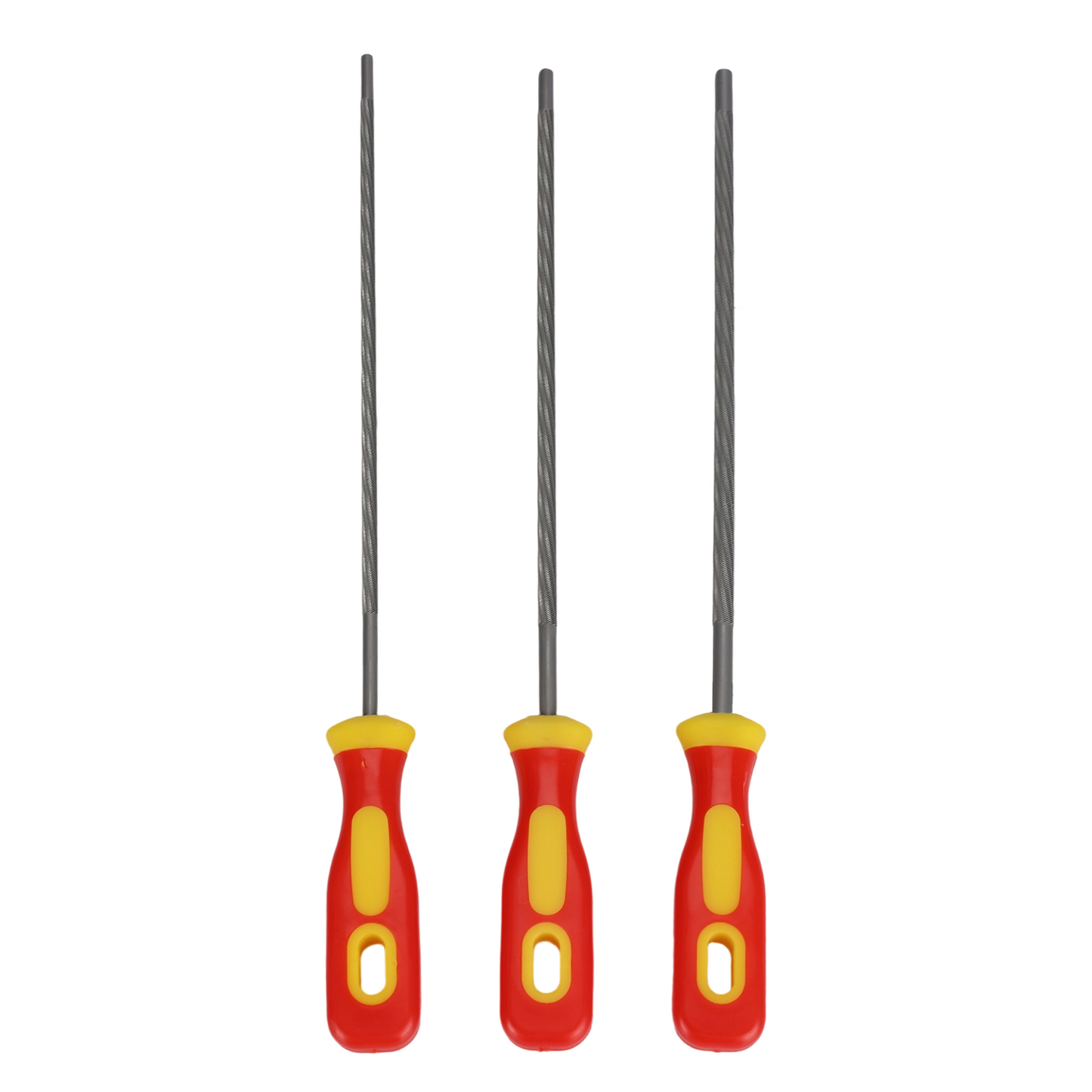 Three metal files with red and yellow handles on a white background