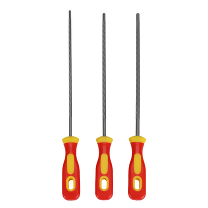Three metal files with red and yellow handles on a white background