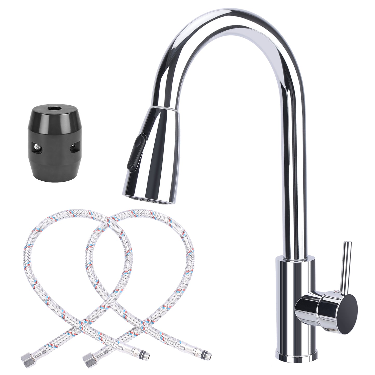 Chrome kitchen faucet set with hoses on a white background