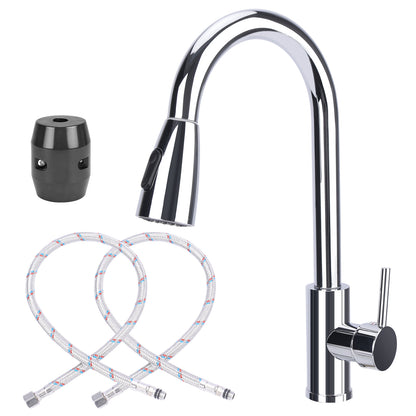 Chrome kitchen faucet set with hoses on a white background