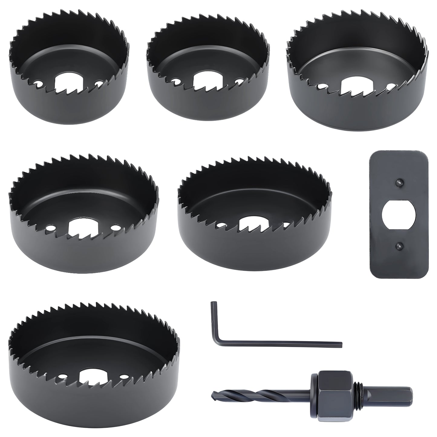 9-piece high carbon steel hole saw set with multiple blade sizes, arbor, hex wrench, and mounting plate for wood drywall and PVC drilling