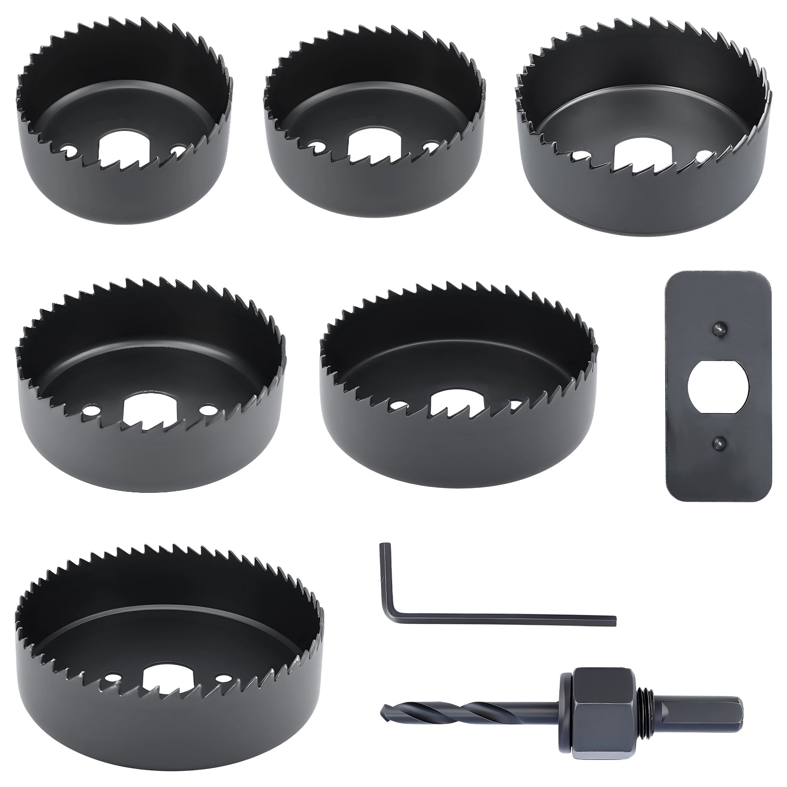 9-piece high carbon steel hole saw set with multiple blade sizes, arbor, hex wrench, and mounting plate for wood drywall and PVC drilling