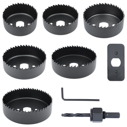 9-piece high carbon steel hole saw set with multiple blade sizes, arbor, hex wrench, and mounting plate for wood drywall and PVC drilling