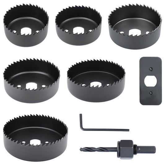 9-piece high carbon steel hole saw set with multiple blade sizes, arbor, hex wrench, and mounting plate for wood drywall and PVC drilling