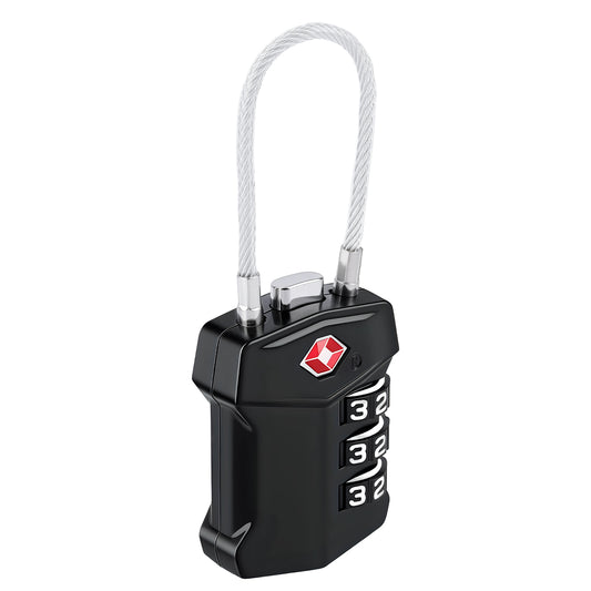 TSA approved 3-digit combination lock with flexible cable shackle, black resettable luggage lock for suitcase, backpack and travel security