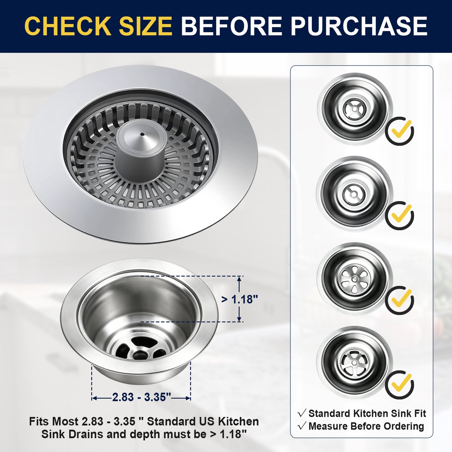 Stainless steel kitchen sink drain shown with size measurements and a fit guide. The graphic includes a large top-down view of the drain, a side view with dimensions marked as >1.