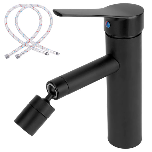 Black faucet with handheld shower head on a white background