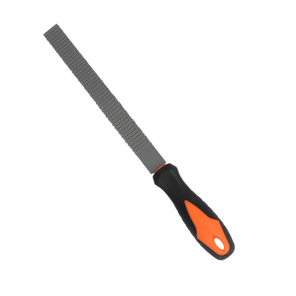 Metal file with black and orange handle on a white background