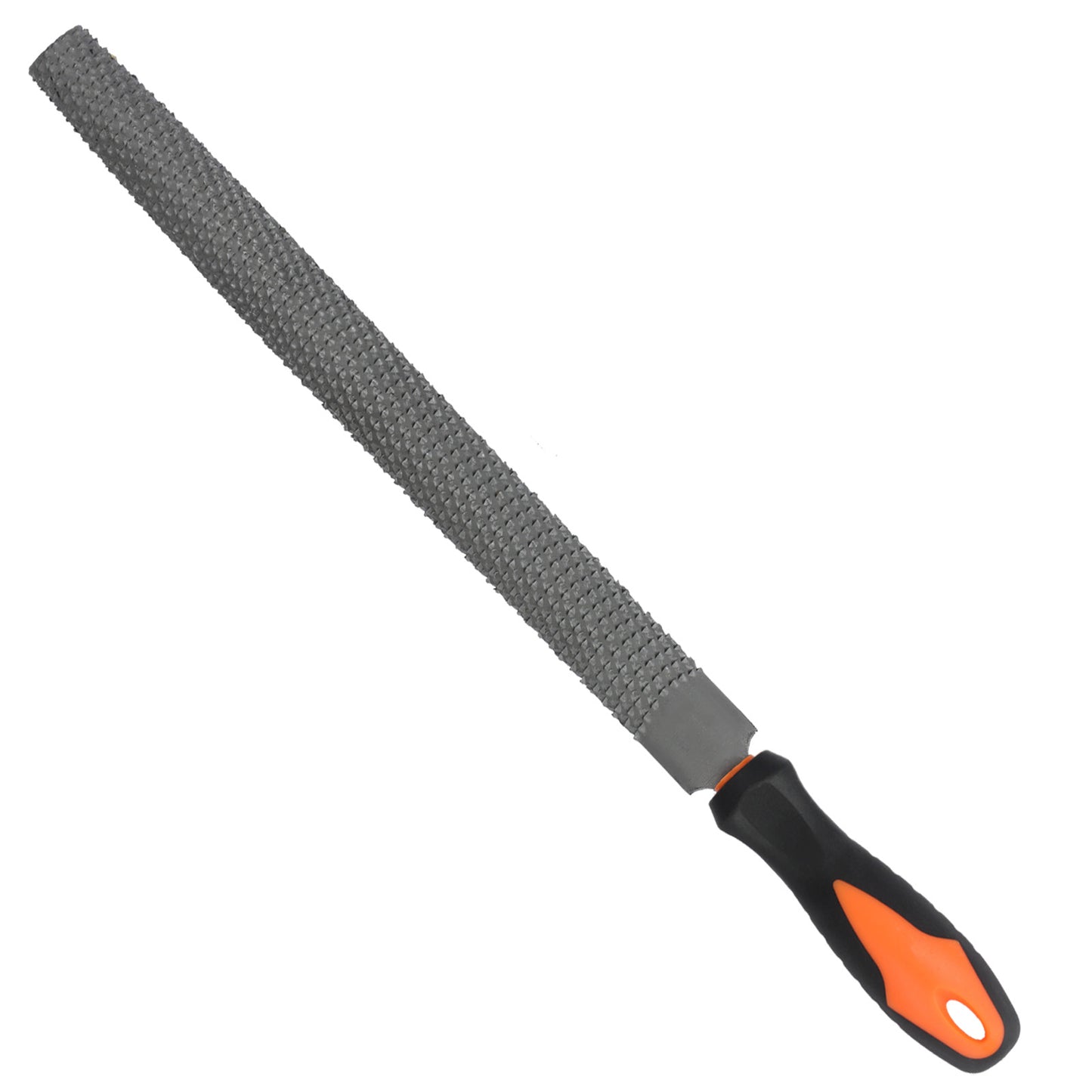Rasp tool with a textured surface and black and orange handle on a white background