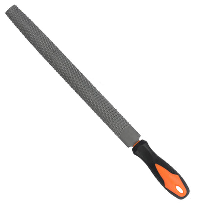 Rasp tool with a textured surface and black and orange handle on a white background