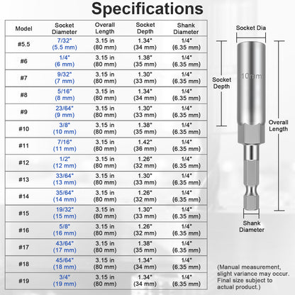 A specifications chart for a 1/4" socket extension bar, showing a table of model numbers (#5.5 through #19) with socket diameter, overall length, and Shank Diameter, alongside a labeled technical drawing of the product.