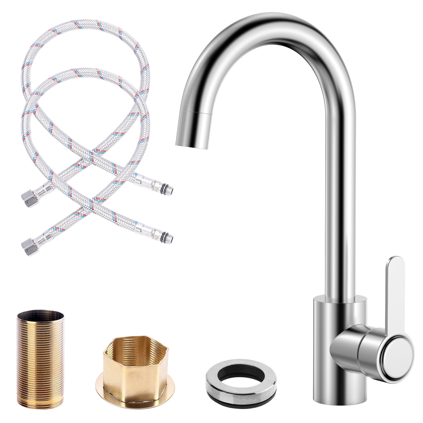 Chrome kitchen faucet set with hose and connectors on a white background