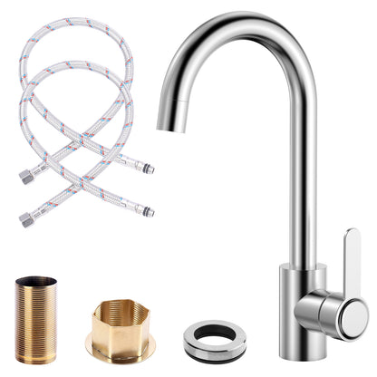 Chrome kitchen faucet set with hose and connectors on a white background