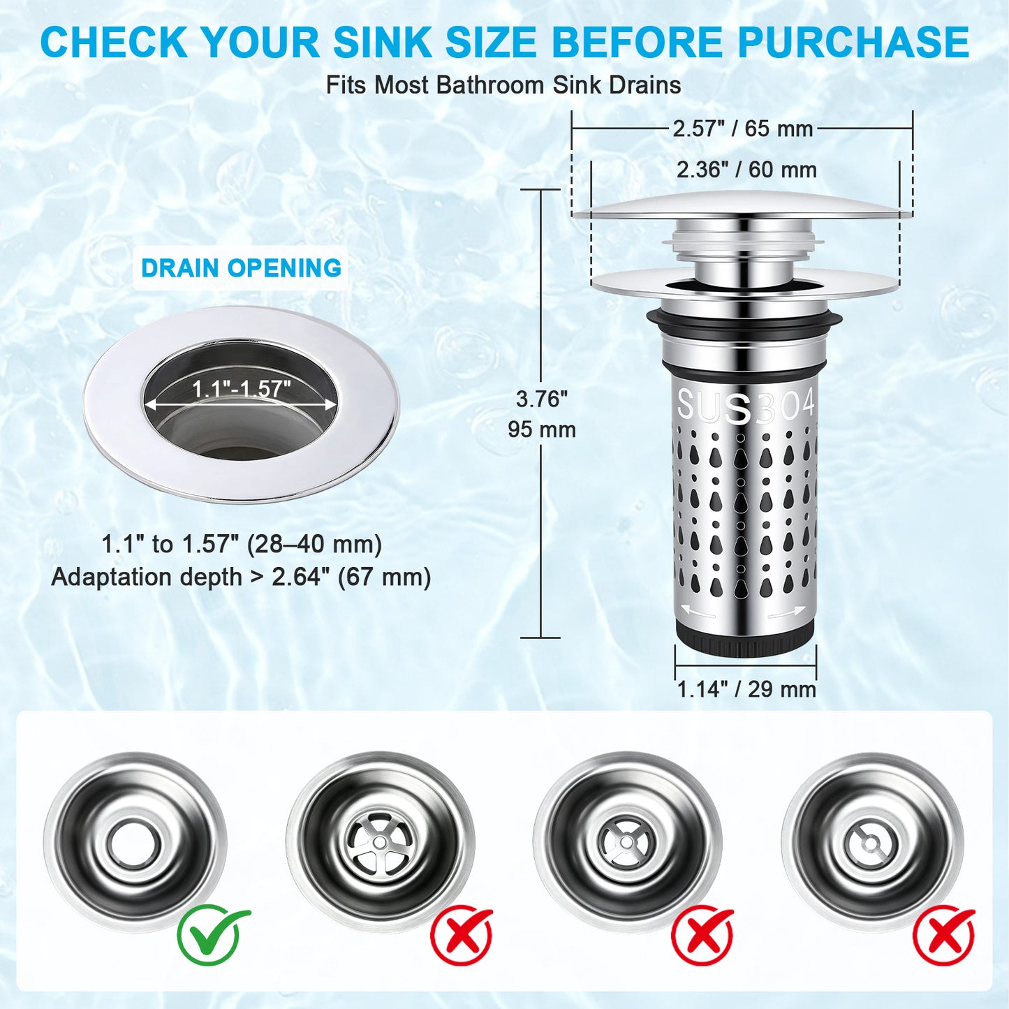 Product sizing diagram for a bathroom sink drain filter with dimensions labeled in inches and millimeters, plus four sink opening examples at the bottom indicating fit.