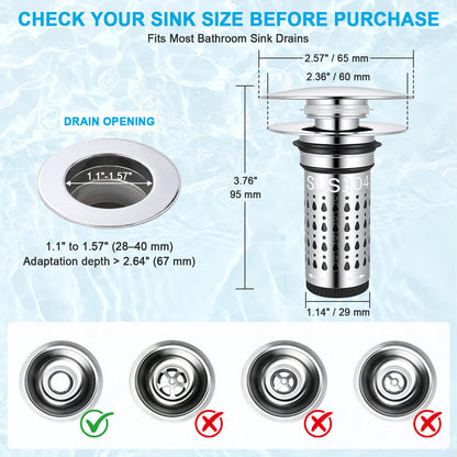 Product sizing diagram for a bathroom sink drain filter with dimensions labeled in inches and millimeters, plus four sink opening examples at the bottom indicating fit.