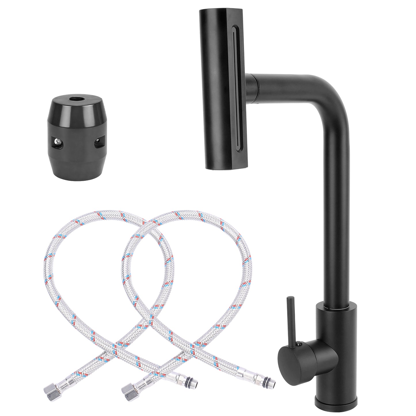 Black kitchen faucet set with hoses on a white background