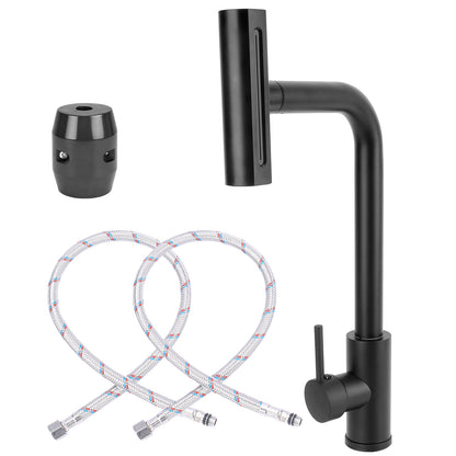Black kitchen faucet set with hoses on a white background