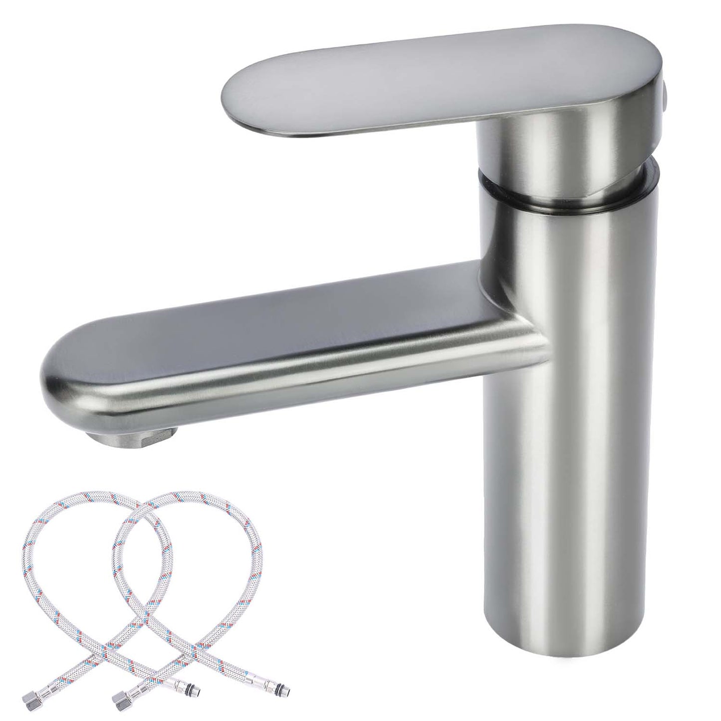 Stainless steel faucet with two flexible shower heads on a white background
