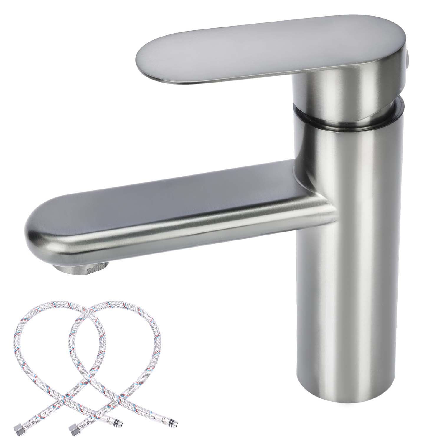 Stainless steel faucet with two flexible shower heads on a white background