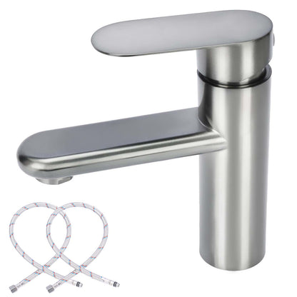 Stainless steel faucet with two flexible shower heads on a white background