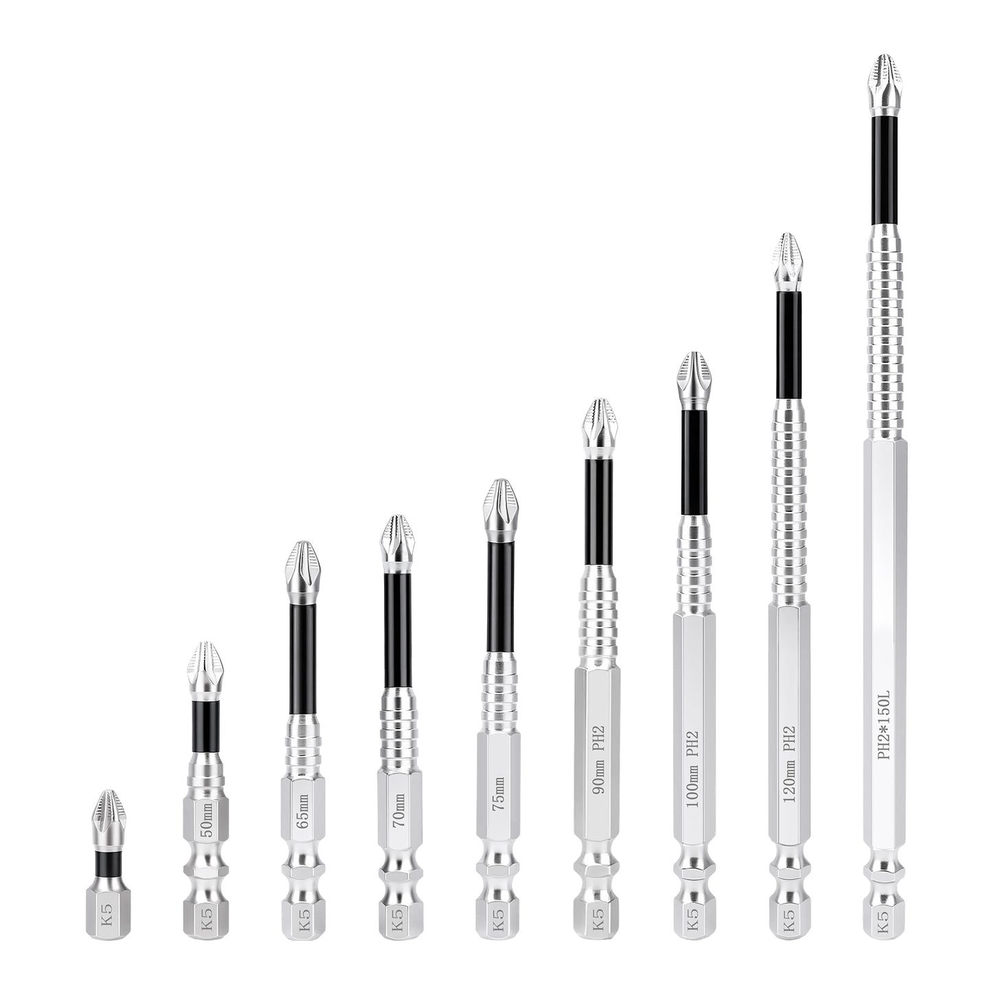 Nine screwdriver bit sets of increasing sizes arranged in a diagonal sequence on a plain white background. Each set includes a silver hex driver, a black shaft section, and a silver bit with printed size labels such as 5mm, 7mm, 10mm, 12mm, 14mm, and 1/4 inch.